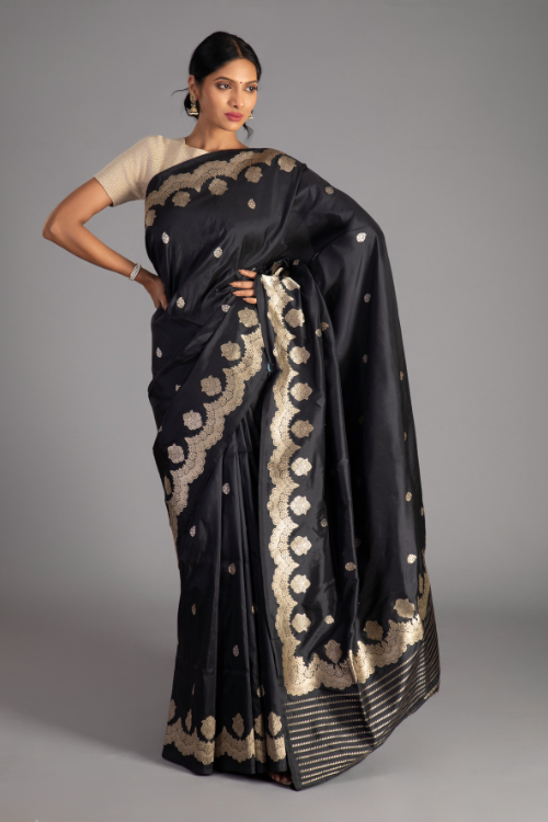 Black Handloom Banarasi Pure Katan Silk  Kadwa Saree