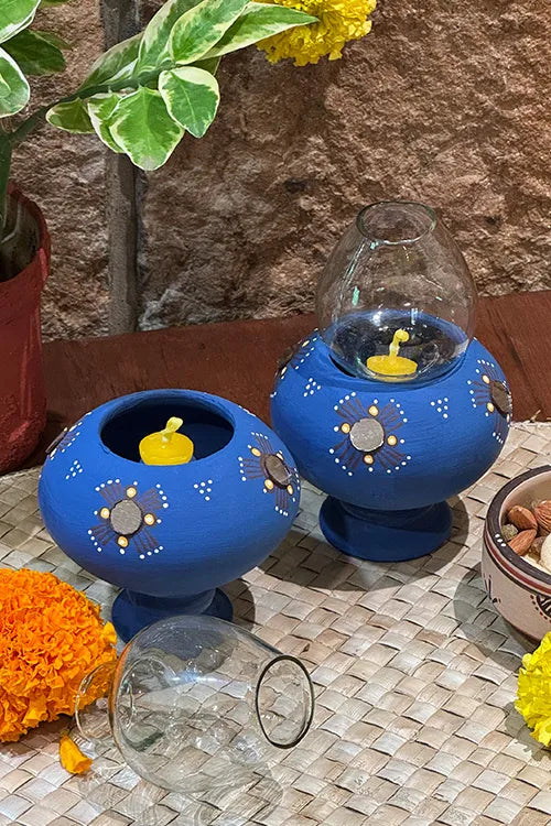 Antarang- Traditional Oil Lamps- Akhand Diyas- Blue(Set Of 2)