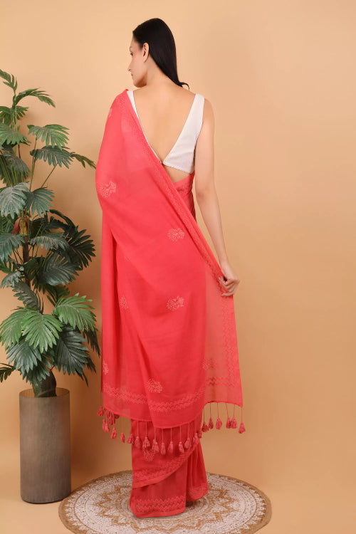 Shwet Women Coral Pink Hand Embroidered Chikankari  Mulmul Saree