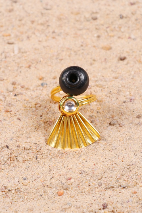'Kabbish 'Bhavai-Half Kali With Kundan Ring' Black Pottery, Terracotta, Rings'