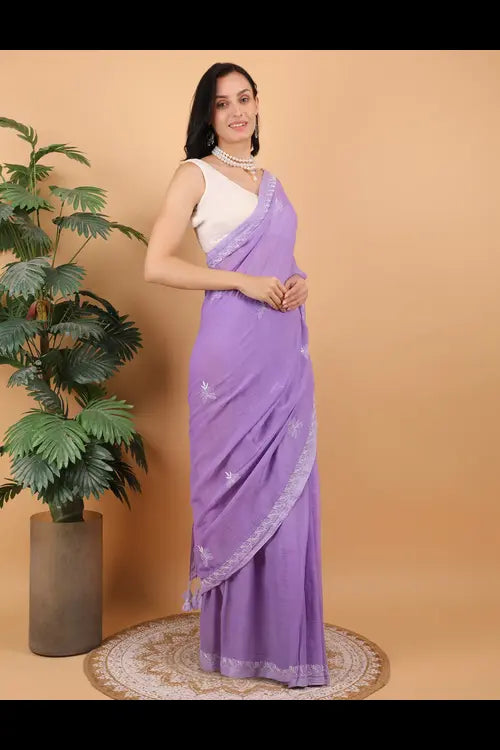 Shwet Women Purple Hand Embroidered Chikankari  Mulmul Saree