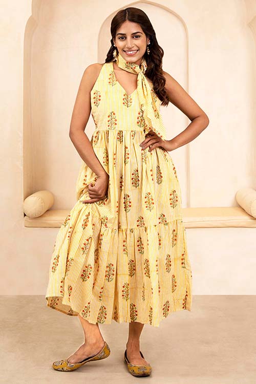 Shuddhi Hand Block printed Yellow Halter Neck Dress
