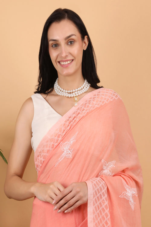Shwet Women Peach Hand Embroidered Chikankari  Mulmul Saree