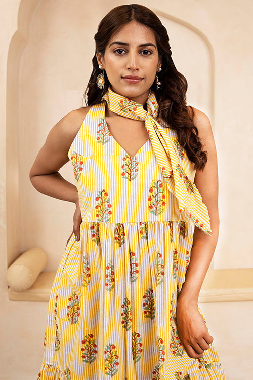 Shuddhi Hand Block printed Yellow Halter Neck Dress