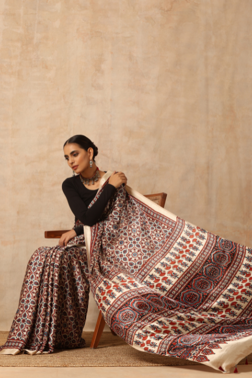 Tenaaro Ajrakh Hand Block Printed  Modal Sik Saree  (Offwhite-17)