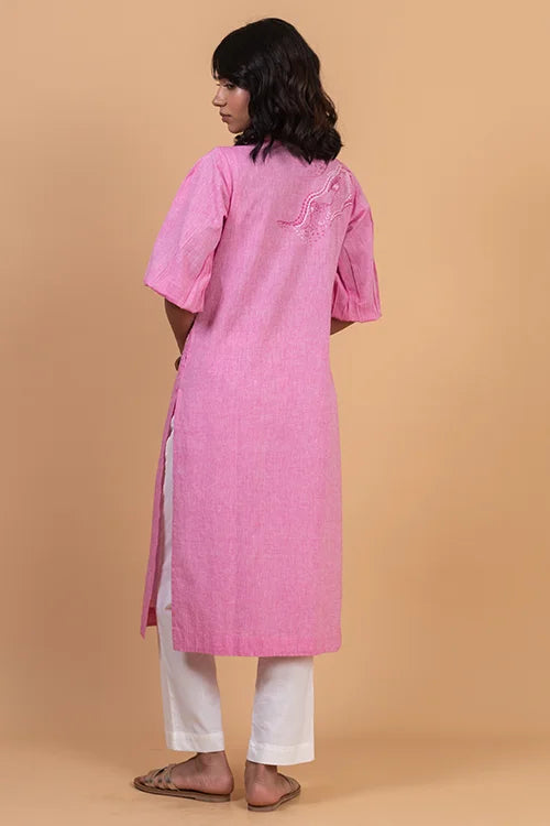 Okhai 'Hibiscus' Hand Embroidered Pure Cotton Kurta