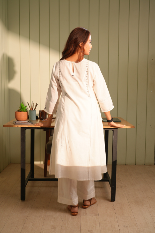 Rangsutra Dhwani White-Grey Flared Cotton Kurta With Soof Hand Embroidery