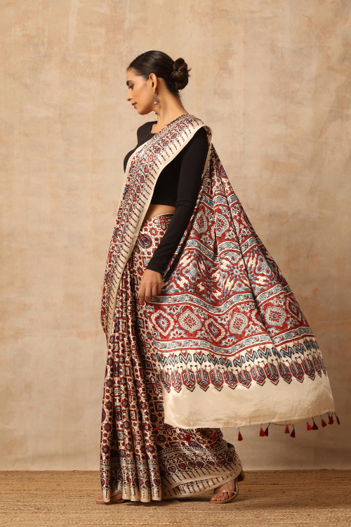 Tenaaro Ajrakh Hand Block Printed  Modal Sik Saree  (Offwhite-18)