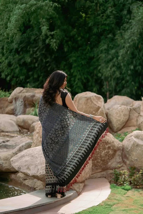 Craftroots Contemporary Ajrakh Modal Saree With Crafted Tassels