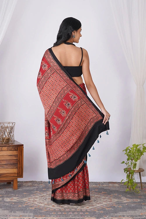 TENAARO  Lotus Red Ajrakh Hand Block Printed Modal Silk Saree