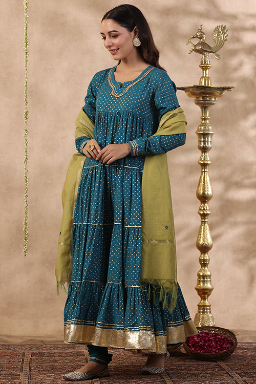 Shuddhi Teal Green Tier Kurta With Chuddidar And Duppatta