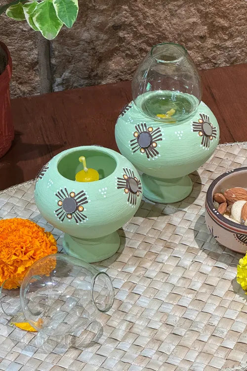 Antarang- Traditional Oil Lamps- Akhand Diyas- Green(Set Of 2)