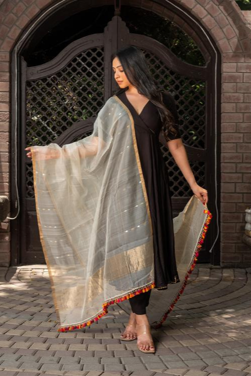 Craftroots Multi-Colour Tassels Organza Silk Dupatta