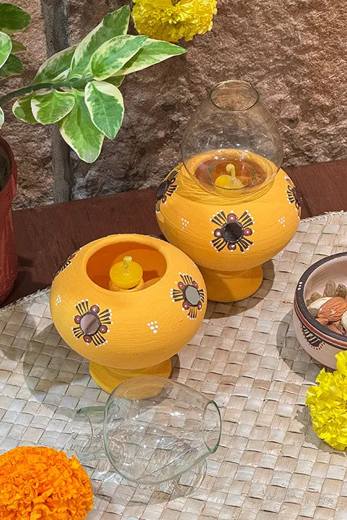 Antarang- Traditional Oil Lamps- Akhand Diyas- Yellow(Set Of 2)