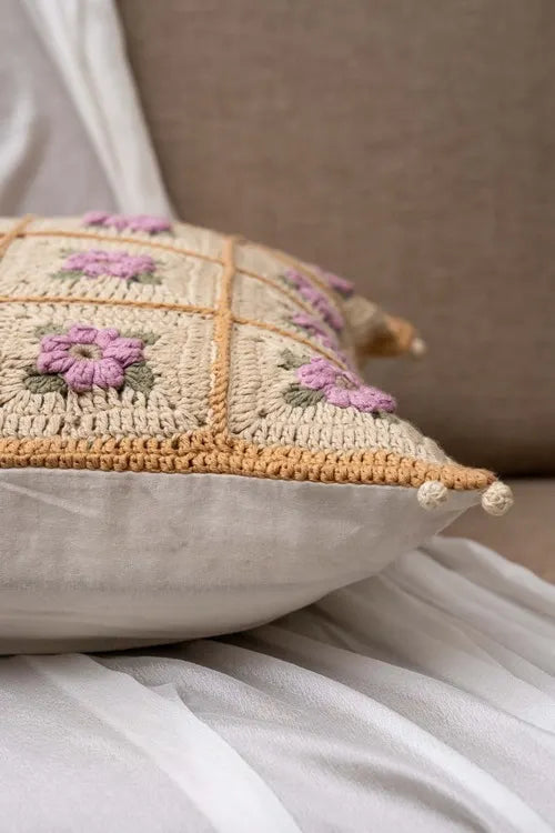 Craftroots Vintage Floral Crochet Applique Cushion Cover Cotton