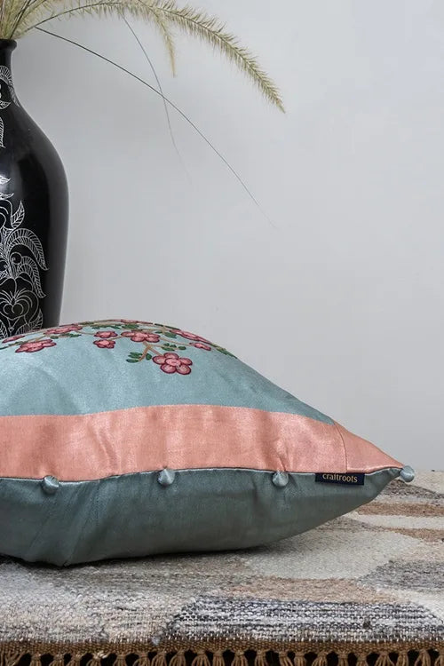 Craftroots Peach Floral Aari Hand-Embroidered Cushion Cover