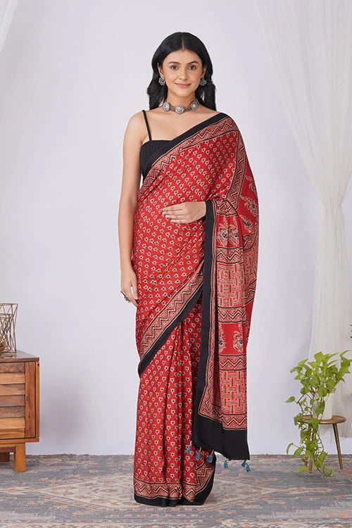 TENAARO  Lotus Red Ajrakh Hand Block Printed Modal Silk Saree