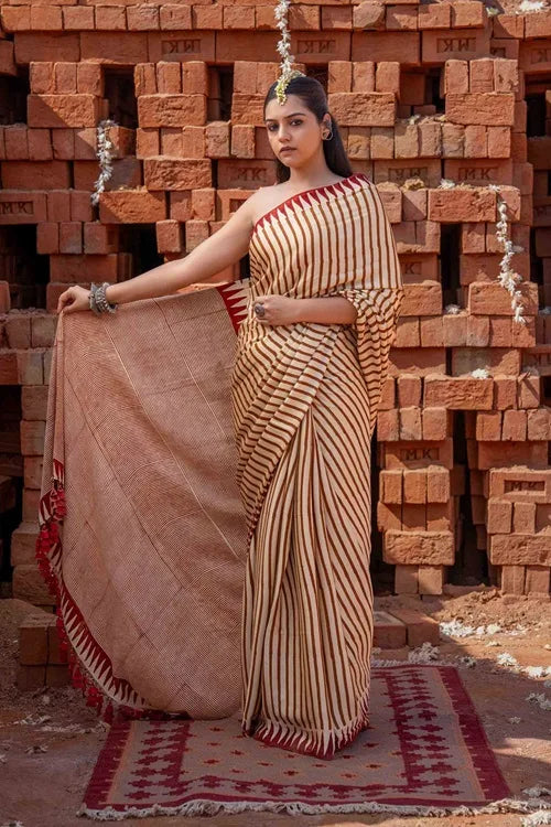 Craftroots Saree With Block Print and Tassels