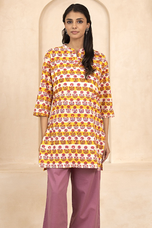 Shuddhi Teal Green Handblock Printed Short Kurti