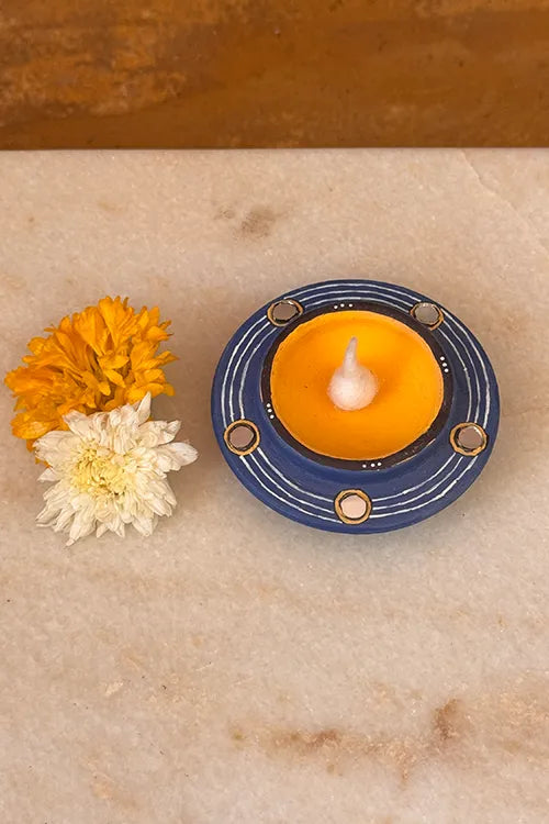 Antarang: Terracotta- Handpainted - Blue Rhythm Disc Diya With Mirror Set Of 8