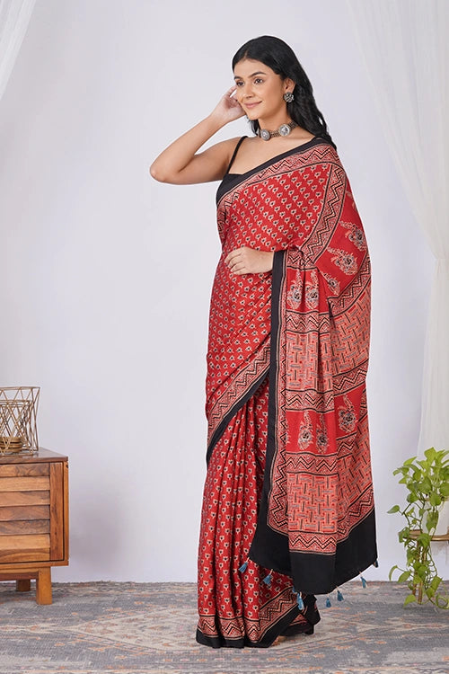 TENAARO  Lotus Red Ajrakh Hand Block Printed Modal Silk Saree