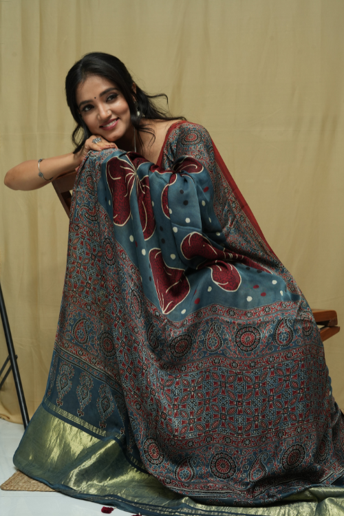 Ajrakh Print Modal Tissue Pallu Red Saree | Jabbar Khatri