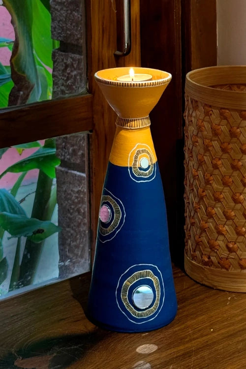 Antarang: Terracotta- Handpainted - Set Of Blue Bloom Disc Diyas & Long Diya