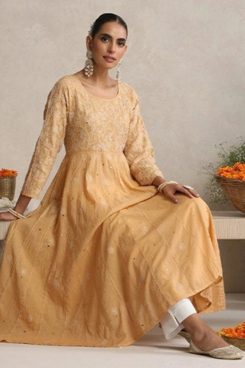 Shwet Hand Embroidered Chikankari Cotton Mukaish Embellished Beige Kali Kurta