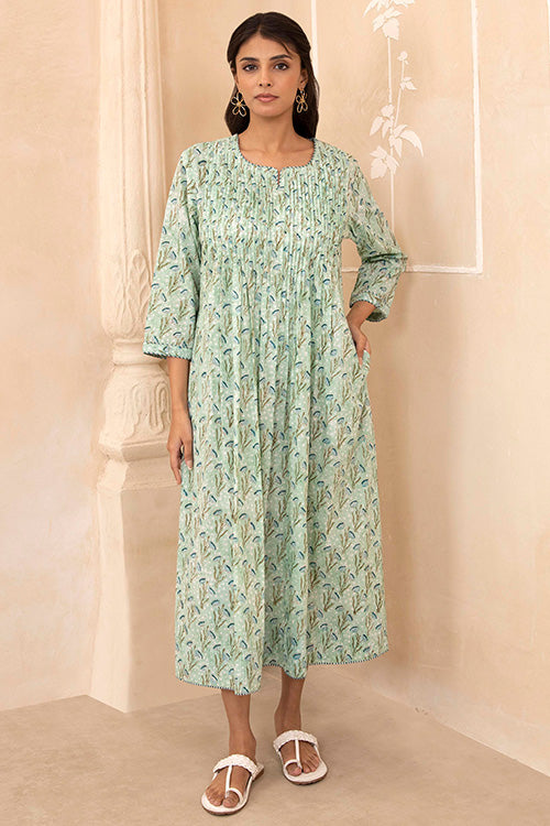 Shuddhi Mint Green Handblock Pleated Dress