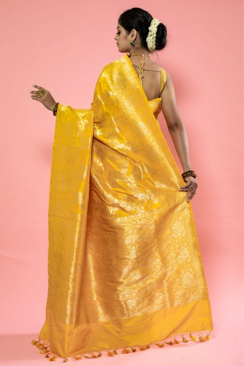 "VWAS" Yellow Handloom Banarasi Pure Katan Silk Cutwork Jaal  Saree