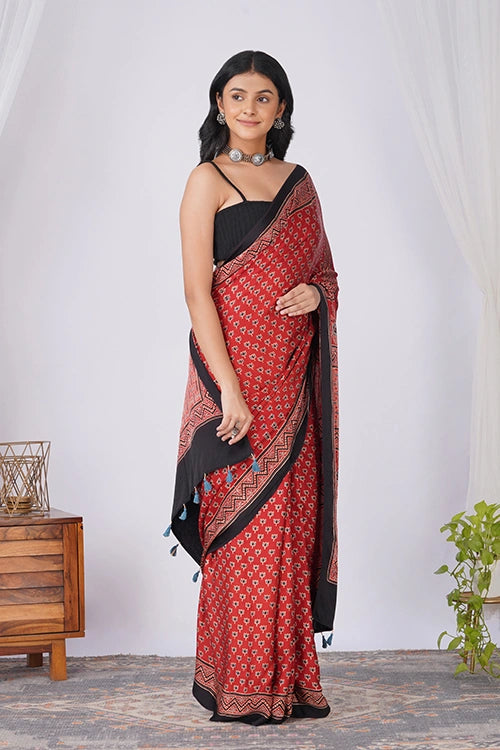 TENAARO  Lotus Red Ajrakh Hand Block Printed Modal Silk Saree