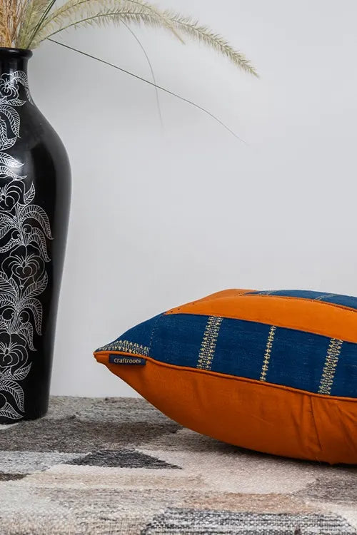 Craftroots Blue-Rust Bhujodi Tucks Cushion Cover