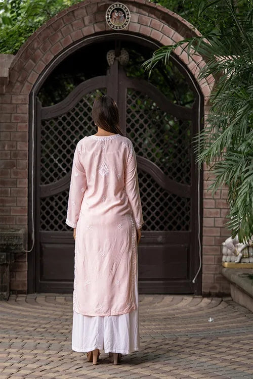 Craftroots Light Pink Chikankari Long Kurta