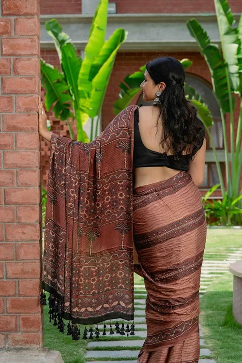 Craftroots Ajrakh Modal Saree With Handmade Tassels