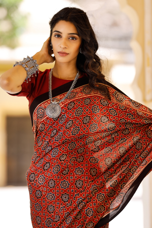 Tenaaro Ajrakh Hand Block Printed Modal Tissue Pallu Saree (Red-1)
