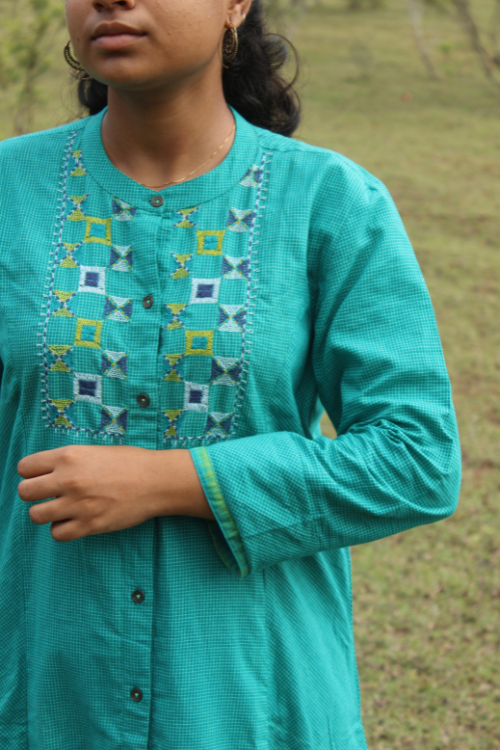 Porgai 'Green Valley' Hand Embroidery Cotton Kurta