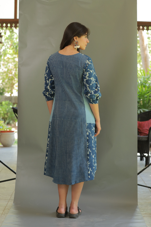 Moralfibre Natural Indigo Multi Print Dress With 3/4Th Sleeves