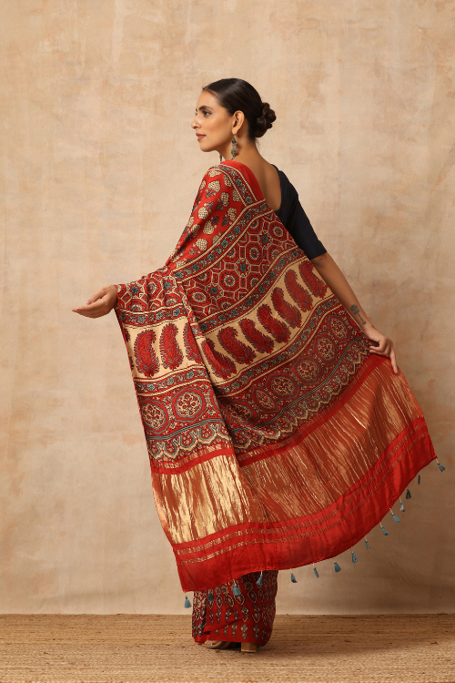 Tenaaro  Ajrakh Hand Block Printed Modal Tissue Pallu Saree (Red-5)