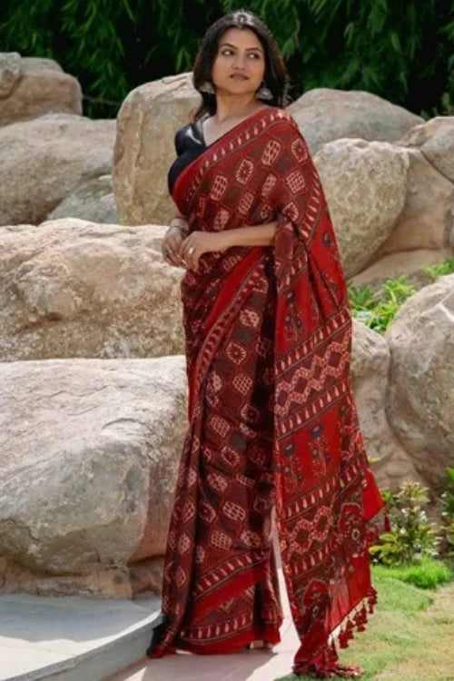 Craftroots Orange-Black Ajrakh Modal Saree With Tassels