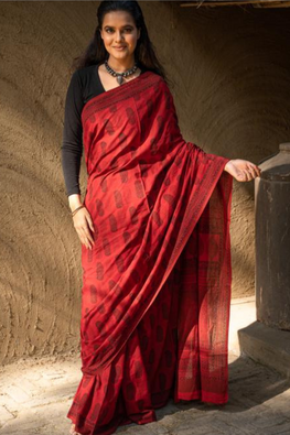 Exclusive Bagh Hand Block Printed Cotton Saree - Red Paisley