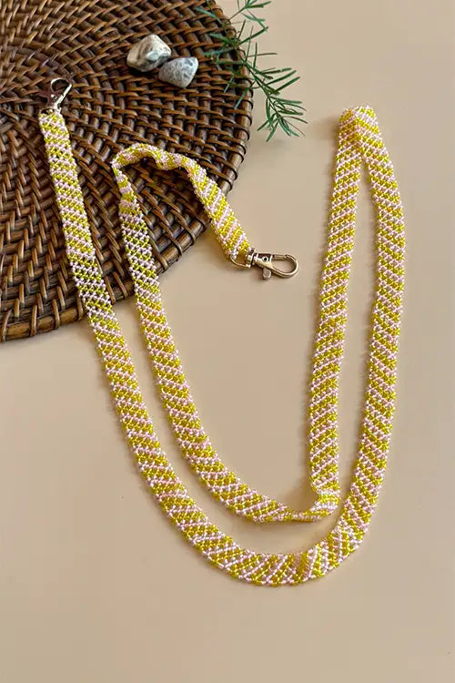Antarang- Pink-Yellow- Multi Use Handcrafted Beaded Mobile String With Attachment- Phone, Clutch & Sling Strap