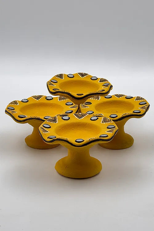 Antarang: Terracotta- Handpainted - Yellow Flower Diya Set Of 6