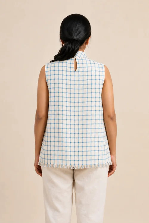 Moralfibre Highneck Side Pannel Checkered Blue Top