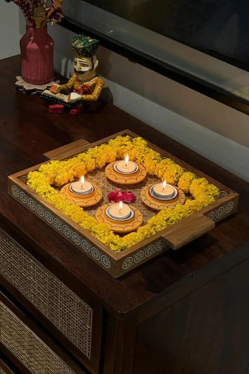 Antarang: Terracotta- Handpainted - Set Of Yellow Disc Diyas & Long Diya