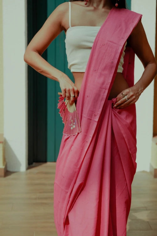 Okhai 'Blush' Hand Embroidered Mirror Work Cotton Mul Saree