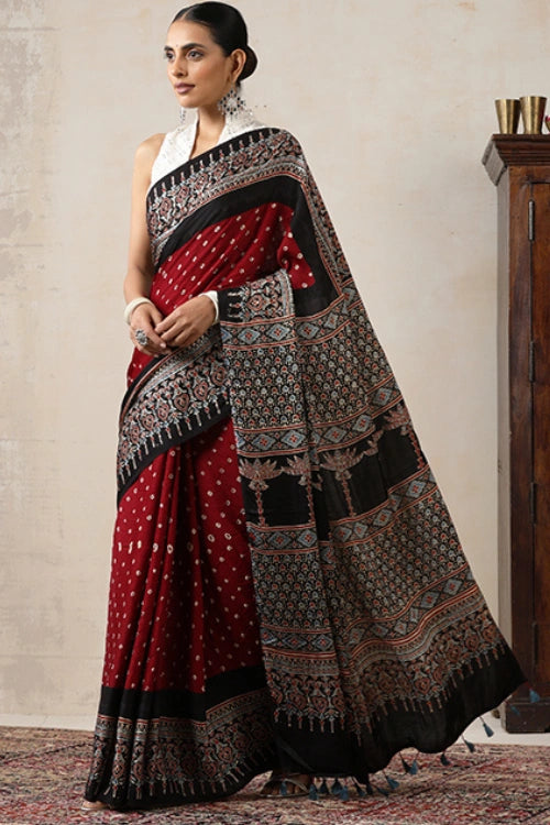 Jahangir Khatri - Black & Maroon Ajrakh & Bandhani Modal Saree