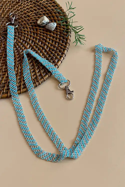 Antarang- Blue-Silver- Multi Use Handcrafted Beaded Mobile String With Attachment- Phone, Clutch & Sling Strap