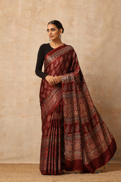 Tenaaro Ajrakh Hand Block Printed  Modal Sik Saree (Brown-19)