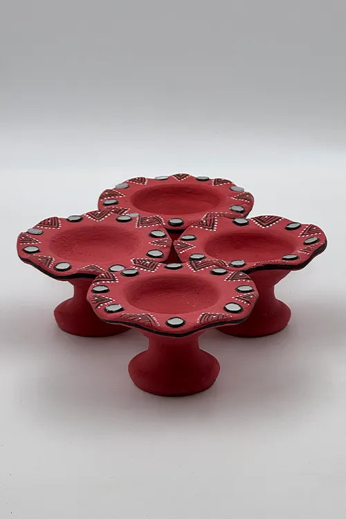 Antarang: Terracotta- Handpainted - Red Flower Diya Set Of 6