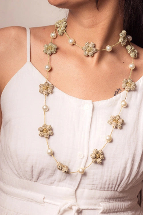 Samoolam Gulnaar Gold Daisy - Pearl String Necklace